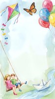 Watercolor children on swing with kite balloons butterfly and paper boats summer outdoor activities frame with copy space for text.