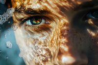 Close-up macro shot of eye with water drops and golden light reflections creating artistic underwater effect, dramatic lighting and bubbles on skin surface.