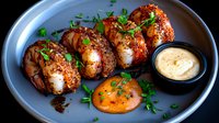 Grilled jumbo shrimp with spicy seasoning, fresh herbs garnish, served with creamy dipping sauce and citrus reduction on dark plate, dramatic lighting.