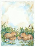 Watercolor capybara family with babies swimming in pond surrounded by tropical plants and water lilies on textured paper background for greeting cards.