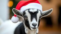 Adorable baby goat wearing red Santa hat for Christmas holiday celebration and festive seasonal greeting cards or winter farm animal decorations.