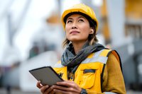 Female Asian engineer in yellow safety helmet and vest holding tablet at construction site, looking upward with determination.
