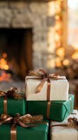 Wrapped holiday gifts with bronze ribbons and pine sprigs stacked near cozy fireplace creating warm festive atmosphere for seasonal celebrations.