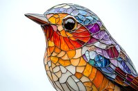 Colorful geometric mosaic bird portrait featuring vibrant orange, purple, and blue segments in stained glass style against white background, artistic wildlife illustration.