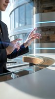Professional businesswoman using futuristic holographic tablet technology in modern office environment with digital interface projections.