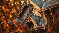 Gothic stone building with ornate arched details framed by vibrant autumn foliage in warm orange and golden tones.