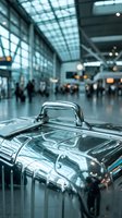 Shiny silver aluminum suitcase in a busy airport terminal with blurred travelers and modern architecture in the background.