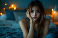 Young Asian woman looking worried while sitting on bed at night, illuminated by warm bokeh lights in dark moody bedroom setting, expressing anxiety and emotional distress.