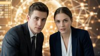 Young professional business team man and woman in suits looking at camera with golden bokeh lights background for corporate presentations.