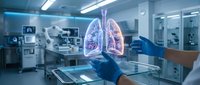 Medical professional examining holographic lung anatomy in modern hospital operating room with advanced digital healthcare technology and surgical equipment.