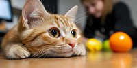 Curious ginger cat lying on wooden table with citrus fruits in background, close up portrait showing bright eyes and alert expression in natural lighting.