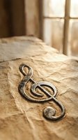 Vintage bronze treble clef symbol on weathered wooden surface with warm sunlight streaming through window creating atmospheric musical composition.