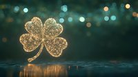 Glowing golden shamrock clover with sparkles floating against dark teal background with bokeh lights, magical holiday symbol reflecting on shiny surface.