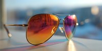 Stylish aviator sunglasses with orange-pink gradient lenses resting on surface with blurred urban background, perfect for summer fashion accessories.