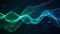 Flowing digital waves of glowing green and blue particles create an abstract data visualization against a dark tech background, suitable for technology, science, and business presentations.