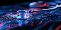 Medical stethoscope on digital circuit board with glowing blue and red lights, representing healthcare technology and digital medicine advancement.