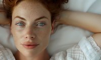 Young woman with natural freckles, blue eyes and red hair lying on white bedding wearing vintage lace nightgown, close up portrait showing fresh natural beauty.