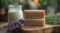 Handmade lavender soap bars with fresh purple flowers and glass of milk on wooden cutting board, natural skincare spa composition in soft light.
