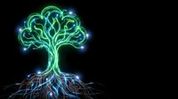Glowing neon tree with digital circuit board roots on black background. Futuristic technology concept for artificial intelligence and innovation designs.