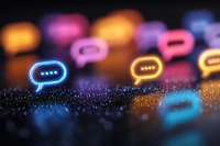 Glowing neon speech bubbles on dark sparkly surface create modern communication concept with vibrant blue, pink, and orange colors for social media design.