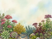 Watercolor succulent garden border with colorful plants and flowers on soft pastel background for botanical design projects and nature artwork.