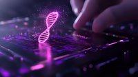 Glowing purple DNA helix hologram floating above digital circuit board with hand interaction, representing biotechnology and genetic research advancement.
