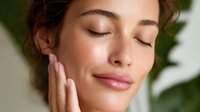Young woman with glowing natural skin touching face gently with closed eyes, expressing wellness and skincare concept against soft green botanical background.