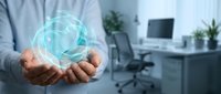 Professional businessman holding glowing digital brain hologram in modern office workspace representing artificial intelligence and innovation.