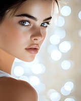 Close up portrait of young woman with natural makeup, freckles and blue eyes against soft bokeh lights background, side view profile.
