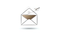 Open envelope with paper airplane flying out on white background. Email marketing, communication, message delivery concept for business presentations.