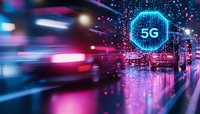 Futuristic urban night scene with glowing 5G network symbol and motion blur effects in neon pink and blue colors reflecting on wet city street surface.
