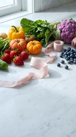 Fresh organic vegetables and fruits arranged on marble counter with pink ribbon for healthy cooking and nutrition lifestyle.