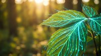 Fresh green tropical leaf with detailed veins in warm golden sunlight creating natural bokeh background for wellness and nature concepts.