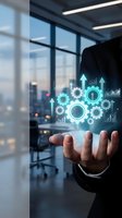 Businessman holding glowing gears and growth charts hologram in modern office, symbolizing business automation and innovation strategy.