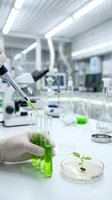 Scientist in white gloves conducting plant research with green liquid samples and seedling in modern laboratory for biotechnology and agricultural studies.