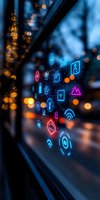 Glowing digital icons floating against blurred city lights background showcase modern connectivity and smart technology concepts through neon blue and pink symbols.