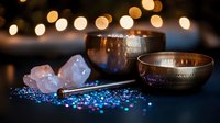 Copper singing bowls with rose quartz crystals on dark surface, glowing bokeh lights and scattered holographic glitter creating mystical meditation atmosphere.