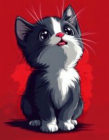 Cartoon black and white kitten with big eyes on vibrant red background, digital illustration for children's books, greeting cards, and pet-themed designs.