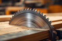 Circular saw blade cutting through wooden plank, close-up view showing sharp metal teeth against blurred sawdust background in carpentry workshop.