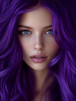 Young woman with vibrant purple hair and blue eyes looking at camera with natural makeup and soft lighting for beauty and fashion concepts.