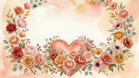Watercolor floral wreath with heart shape, roses and wildflowers in warm peach and terracotta tones on white background.