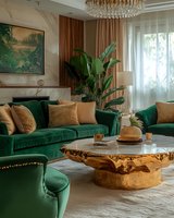 Luxurious living room interior with emerald green velvet sofa, ornate golden coffee table, crystal chandelier and tropical plants for upscale home decor.