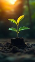 Young green plant growing from tree stump in soil with warm sunlight and bokeh background, symbolizing new life, hope, and environmental renewal.