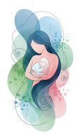 Mother holding newborn baby in tender embrace with flowing watercolor abstract shapes and swirls for maternal love and motherhood concepts.