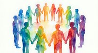 Diverse group of people holding hands in circle with rainbow watercolor effect symbolizing unity, teamwork, community support and inclusion concept.