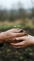 Adult male and young child with diverse skin tones holding seedling with soil in cupped hands outdoors. Represents environmental conservation, sustainable agriculture, eco-friendly practices, and intergenerational learning about nature.