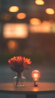 Orange gerbera flowers in glass jar next to vintage edison bulb on wooden table with warm bokeh lights background creating cozy atmosphere.