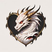White dragon head with golden horns and red eyes emerging from ornate heart-shaped frame against neutral background, fantasy art style for gaming design.