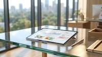 Modern tablet displaying business analytics dashboard on glass desk in contemporary office with city skyline view through floor-to-ceiling windows.