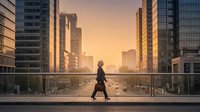 Young woman in business attire walking across urban rooftop at golden hour sunrise with modern city skyline, corporate professional commute concept.